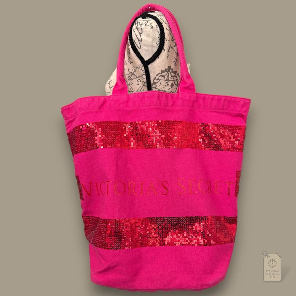 Victoria's Secret Hot Pink Canvas Tote | Red Sequin Stripe Large Bag